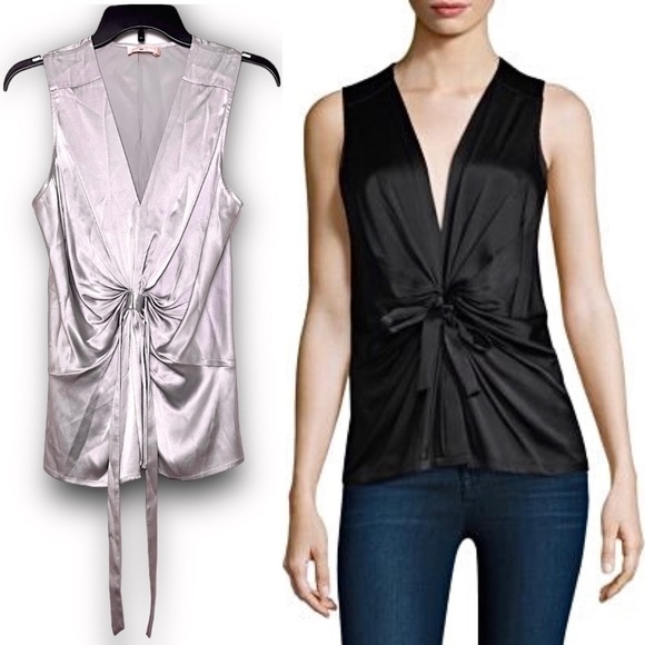 RAMY BROOK Lavender Silk Satin V-Neck Sleeveless Draped Ruched Tie Front Top XS - Picture 1 of 5